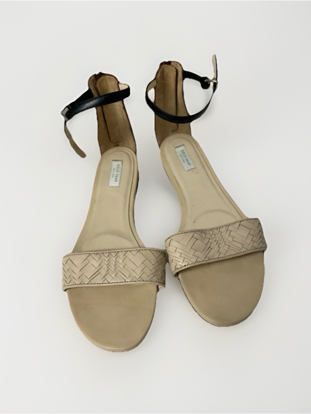 Cole Haan Genevieve Weave Ankle Strap Flat Sandals Beige Black 9.5 B